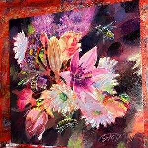 Original bee Painting Floral Bouquet honeybees Lily Rose still life surrealism